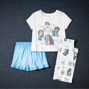 Disney Princess White and Blue Girls Pajamas 3 Piece Set Large 10/12 NEW
